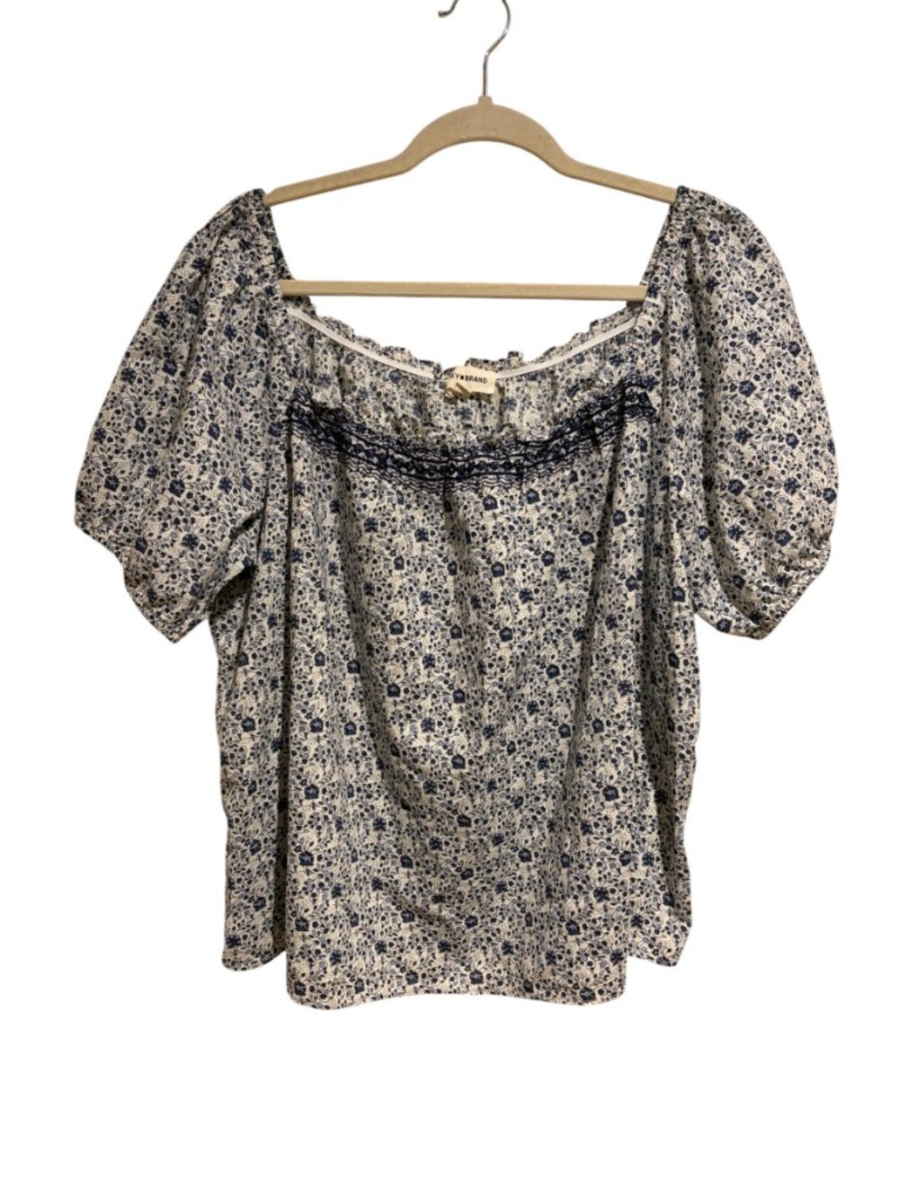 Lucky Brand Short Sleeve Blue White Floral Print Embroidered Blouse Boho